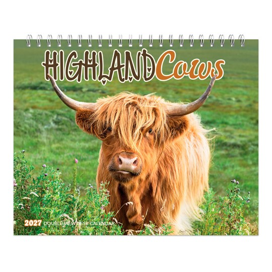 BrownTrout; Highland Cows | 2027 7.5 x 6 Inch Monthly Double-View Easel Desk Calendar; Category:Desk Calendars; Image:1